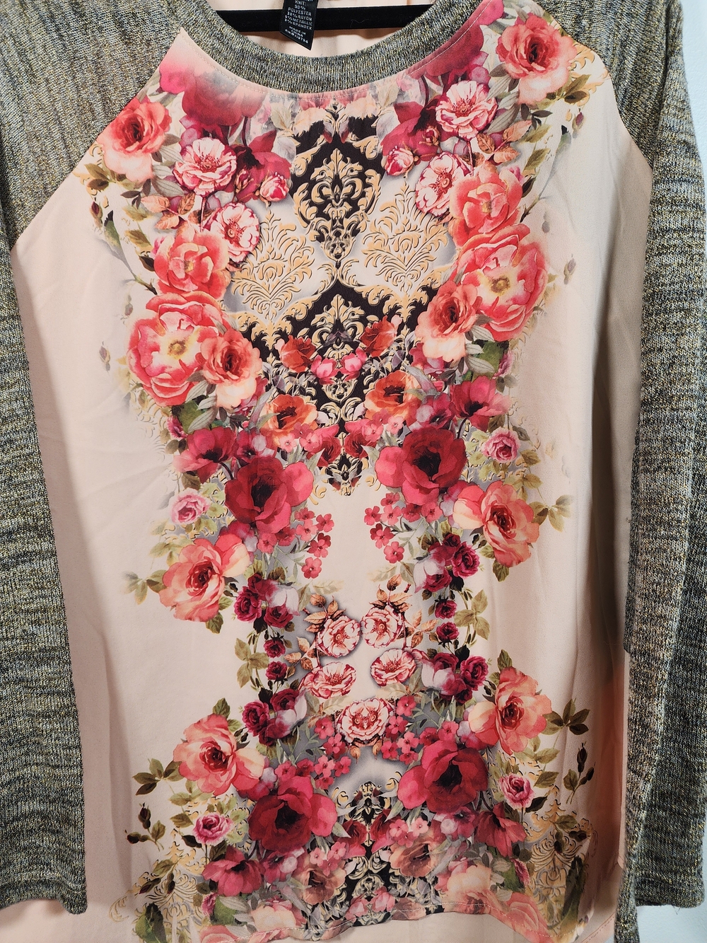 Floral Mixed Media Raglan Long Sleeve Top - Size XL - Picture 4 of 9